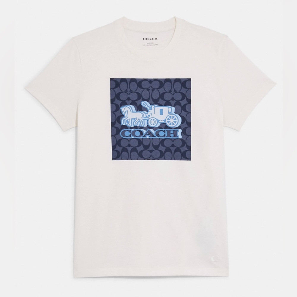 NEW Coach White Shirt Blue Horse & Carriage, Signature C Logo on Front size L